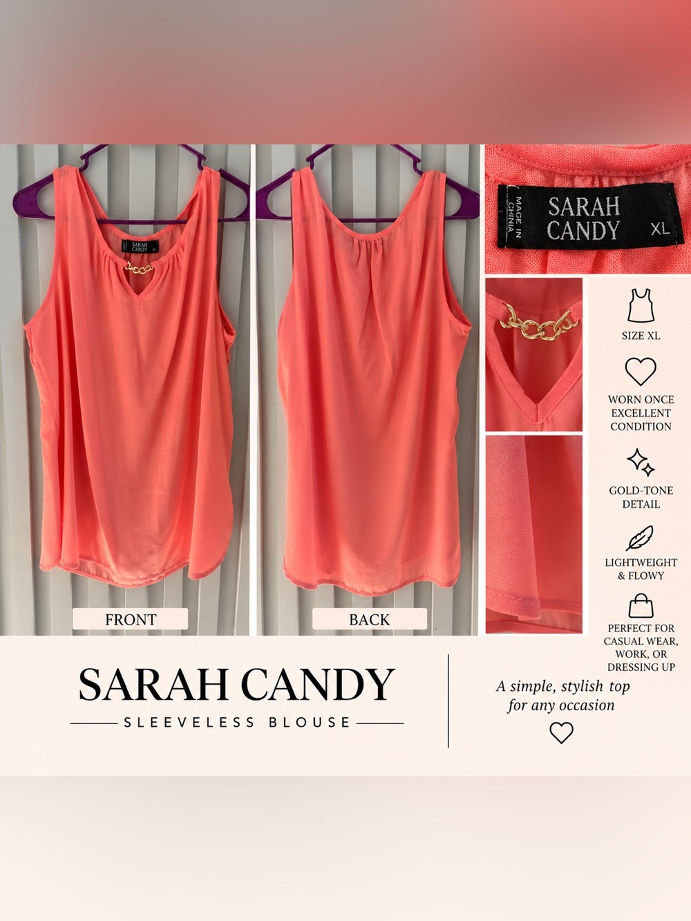Coral Sleeveless Blouse with Gold-Tone Accent